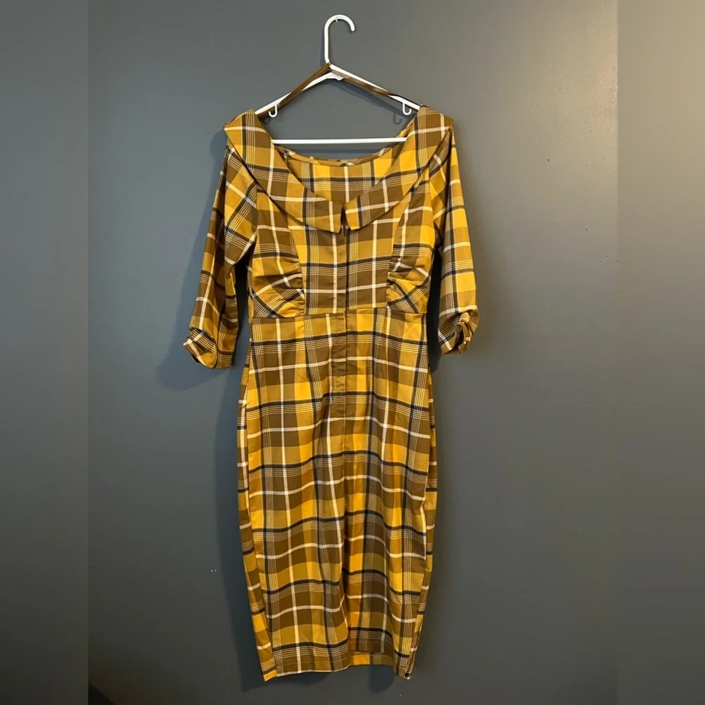 Collectif Cheyenne Moonhill Check 50’s Pencil Dress Mustard Small - Picture 3 of 4